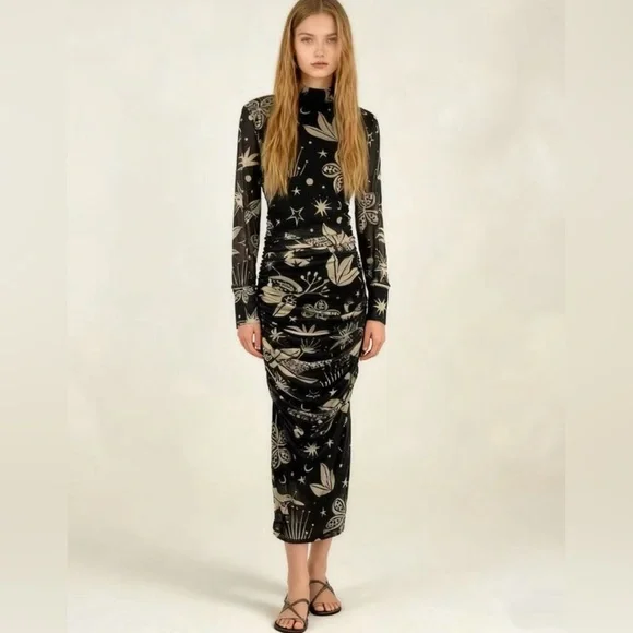 Farm Rio Black, Cream Patterned Midi Dress Cerrado Sky Tule Flattering, Ruching - Picture 1 of 3